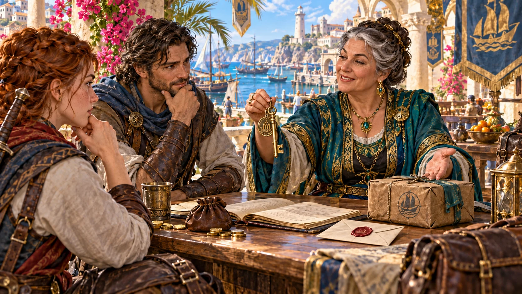An illustrated fantasy patron offers a key to two adventurers at a harbour terrace table.