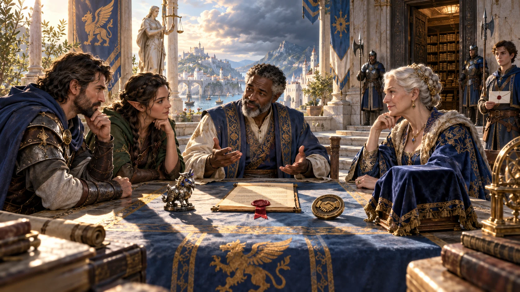 Fantasy companions discuss a sealed agreement with an NPC around a table outside a grand hall.